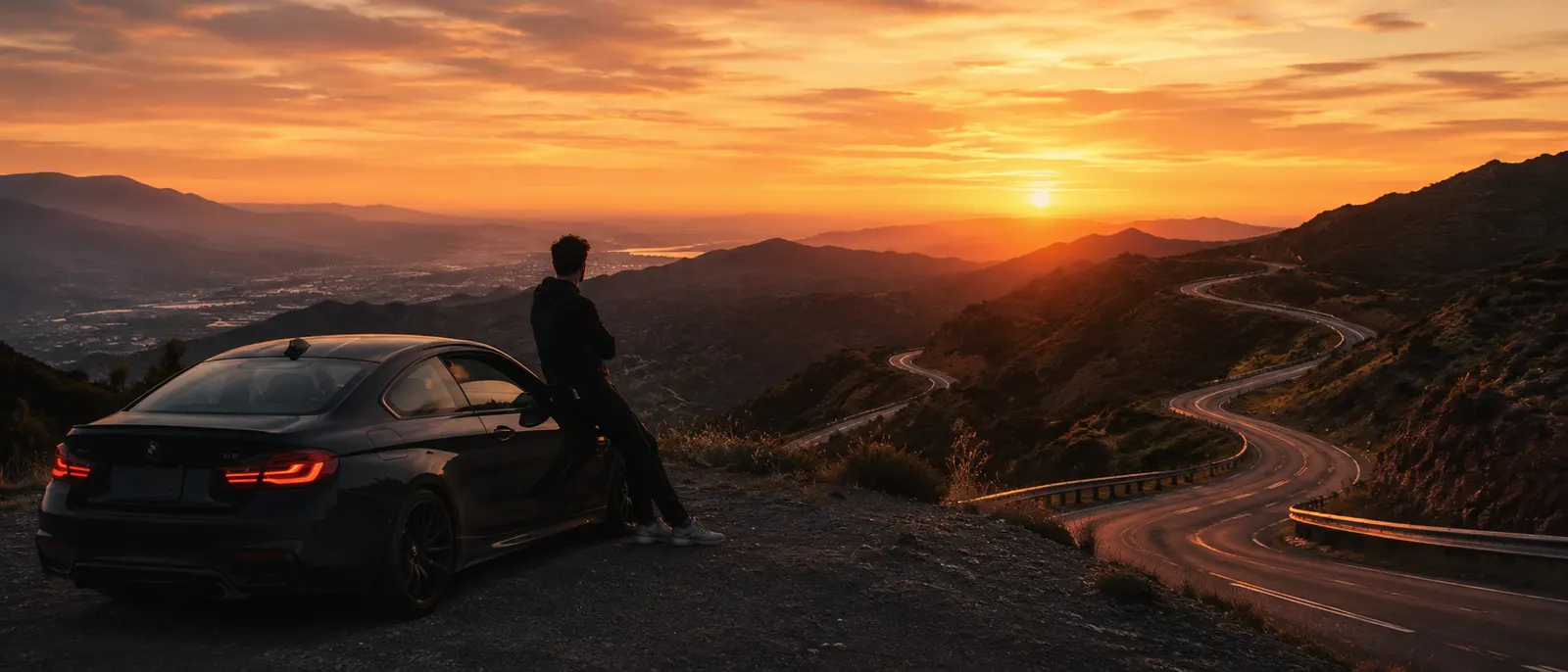 Un conductor mira el atardecer sobre un camino de montaña, apoyado en su auto.