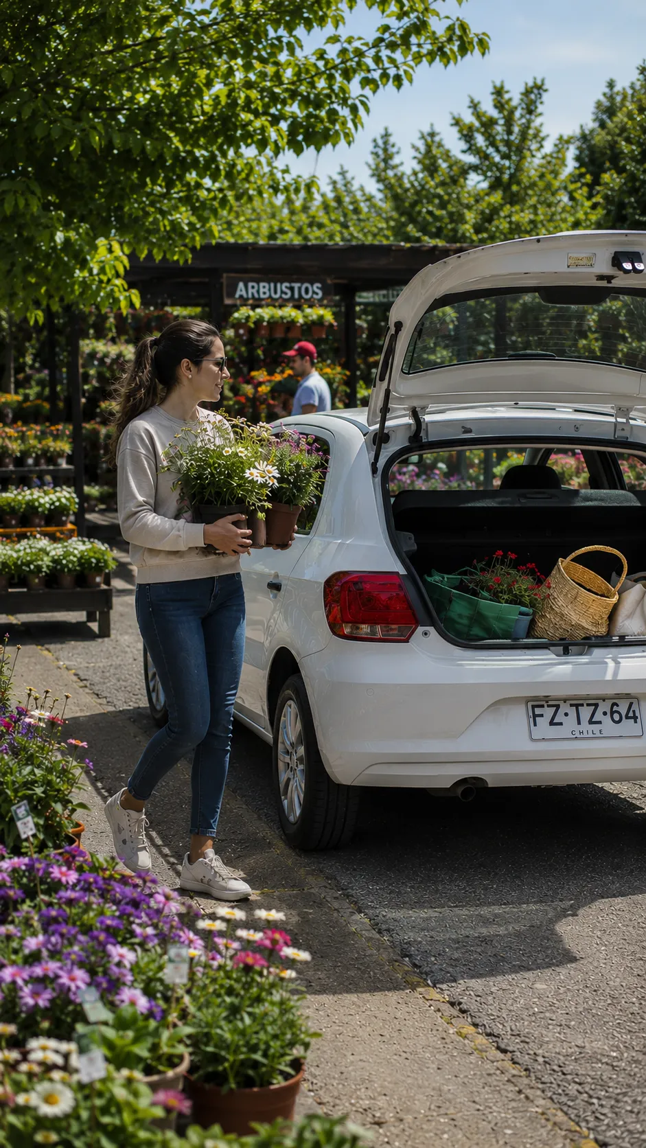 Una mujer carga maceteros con plantas en el maletero abierto de su auto, en un vivero.